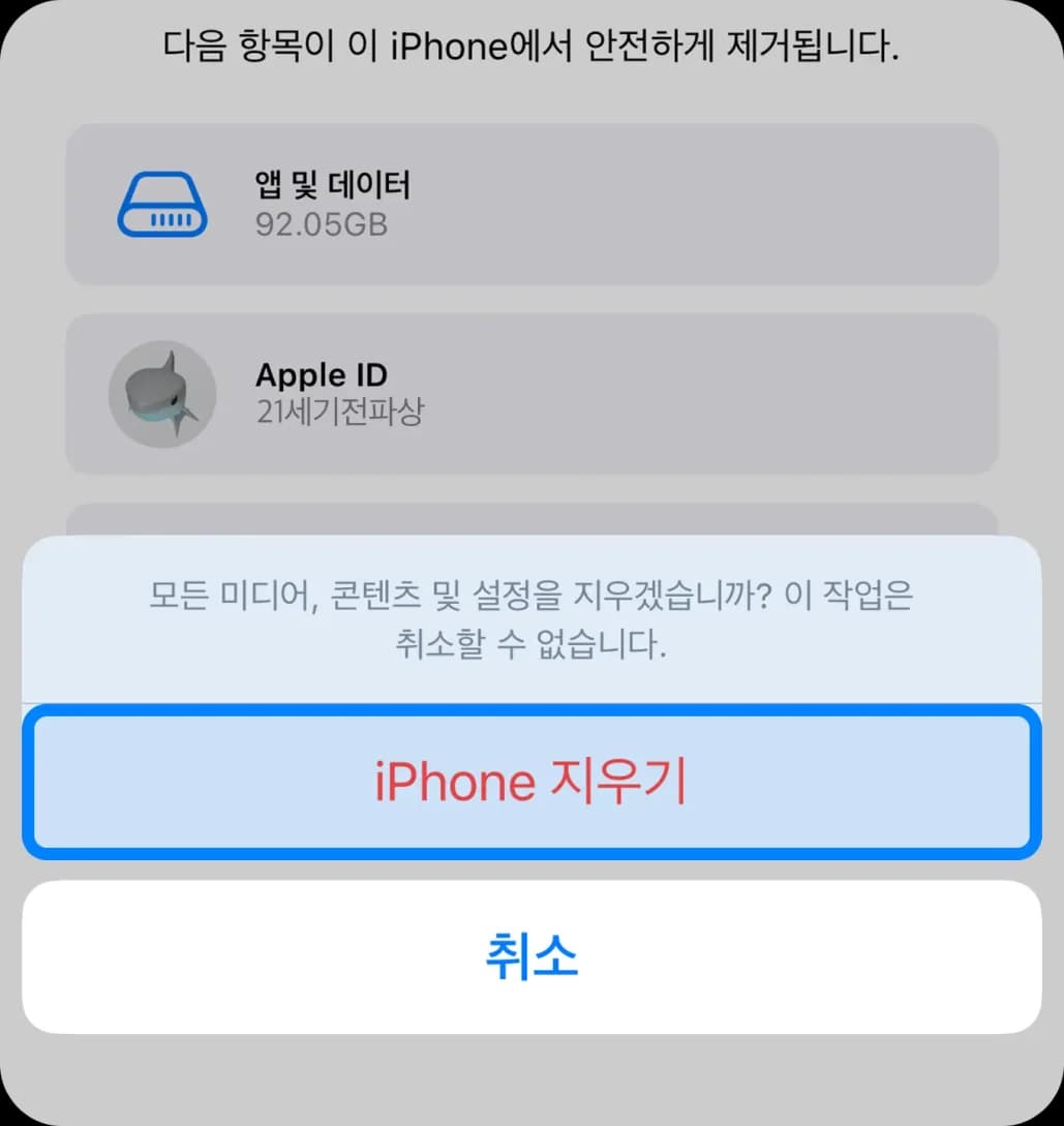 모든 콘텐츠 및 설정 지우기 선택 화면 2